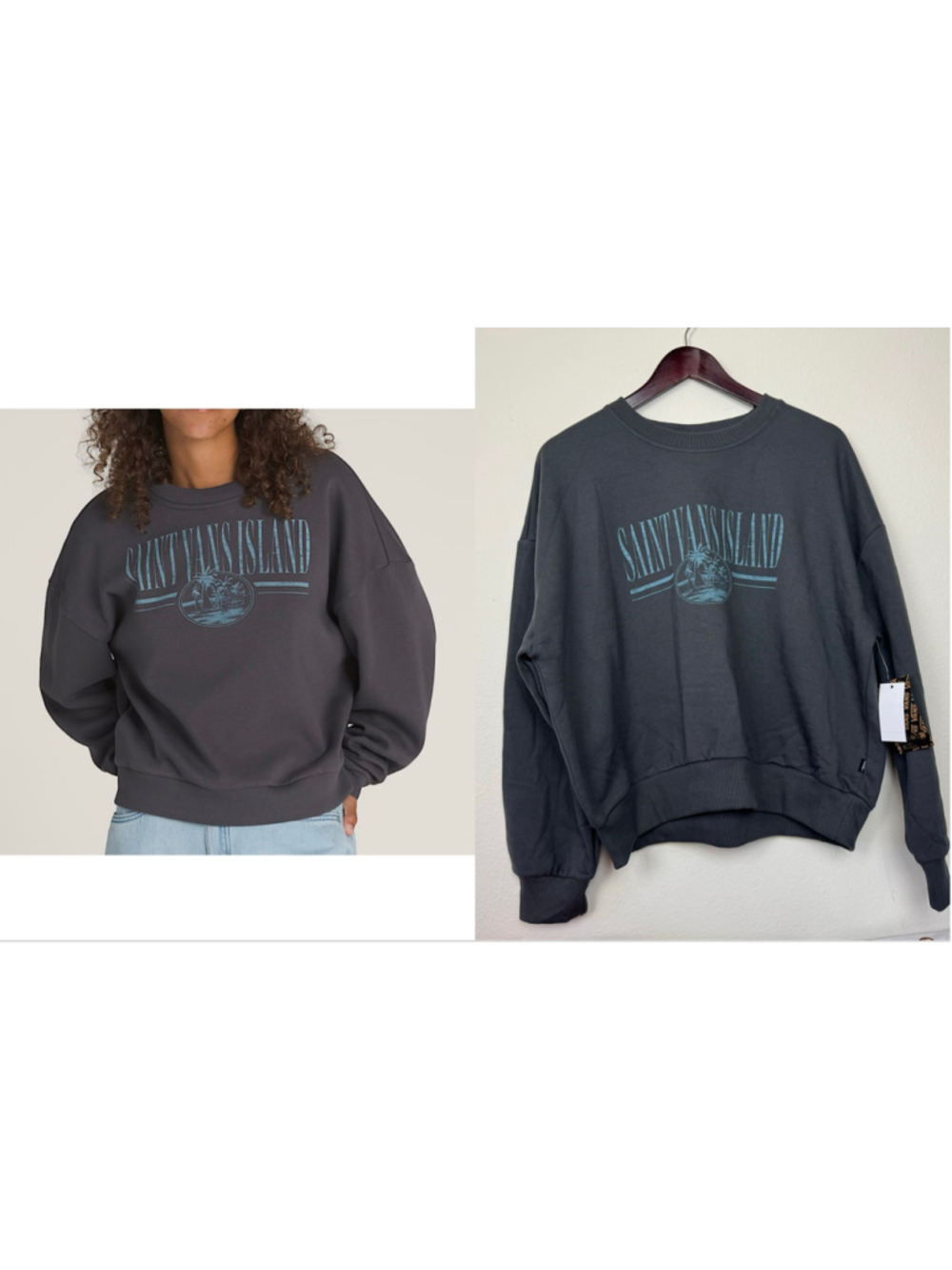 Women's Vans Charcoal Retro Isle Graphic Crewneck Large Surfer Skater Grunge